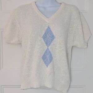 Vintage 90s Argyle Knit Short Sleeve Sweater Cream Blue Cotton Blend Size M